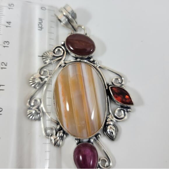 Sterling Silver Pendant with Red Garnet Accents and Striped Banded Agate Stone - Picture 2 of 10